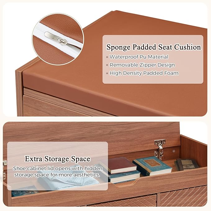 ECOTOUGE Storage Bench, Shoe Bench with Lift Top Storage, Wooden Entryway Bench with Cushioned Seat, Adjustable Shelf for Living Room, Bedroom, Hallway, Brown