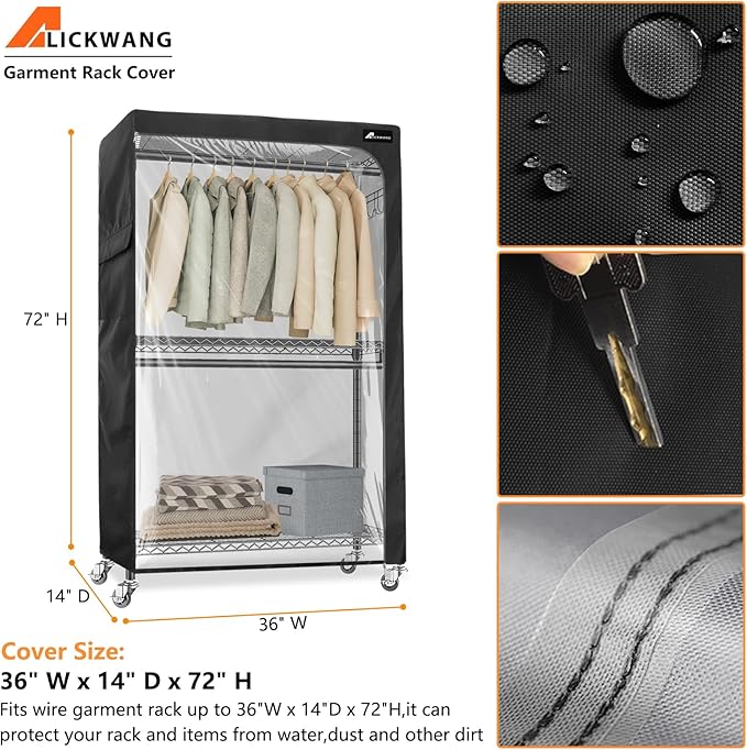 Storage Shelf Covers for Wire Shelving,600D Heavy Duty Outdoor Waterproof Shelf Cover,Storage Rack Cover for Wire Shelf with zipper,36''W x 16''D x 72''H,Black with Clear Front
