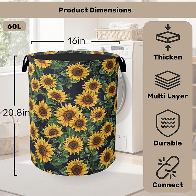 Sunflower Laundry Basket with Handles - Extra Large Foldable Hamper for Bathroom/Laundry/Bedroom/Dorm, Washable Fabric Storage Bin