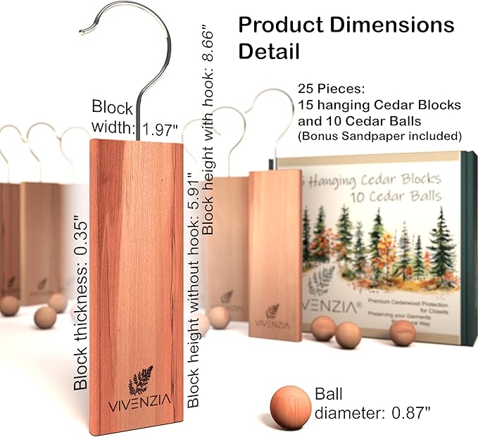 Cedar Blocks for Closet -25 pcs (15 Hang-ups & 10 Balls)- Aromatic Cedar for Closets, Natural Closet Smell Eliminator, Natural Closet Deodorizer, Drawer Fresheners for Dresser.