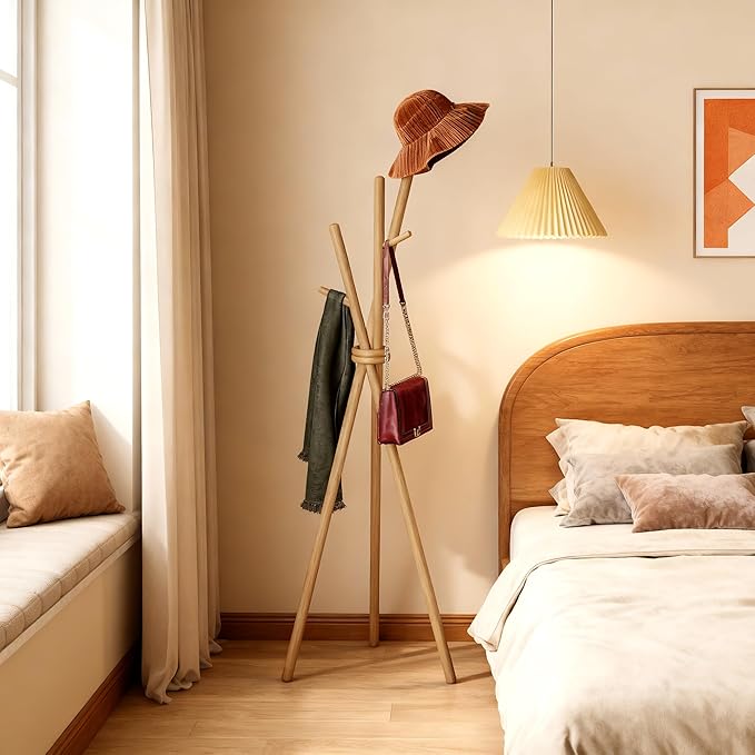 VICITON Wooden Coat Rack, Tripod Coat Tree Freestanding with 3 Hooks for Clothes, Hats and Handbags, Coat Hanger Stand for Bedroom, Living Room, Entryway (Light)