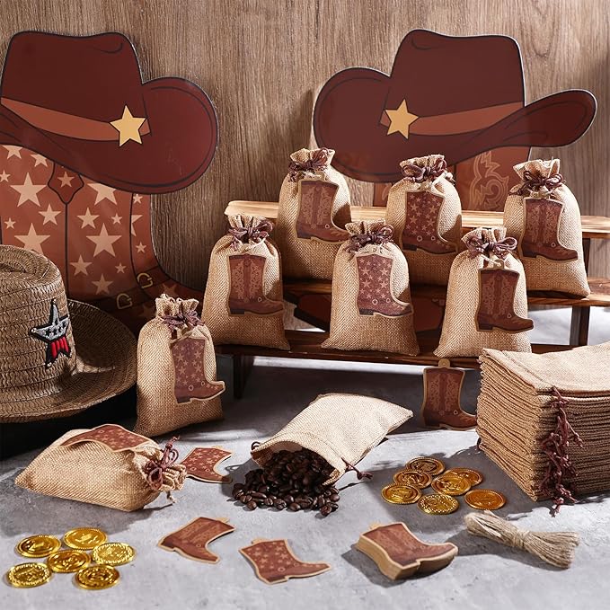 Mooliwe 50 Pcs Burlap Drawstring Bags with Boot Shape Tags, Western Cowgirl Gift Sacks Bulk 4 x 6 Inches Reusable Burlap Candy Pouch for Bachelorette Cowboy Baby Shower Wedding Party Favor(Brown)