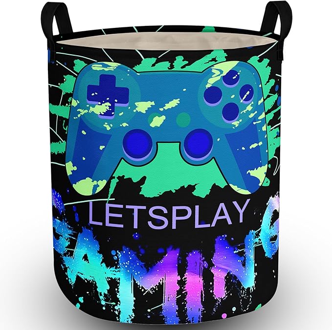 Gaming Laundry Basket with Lining Foldable Kids Laundry Hamper Light weight Clothes Storage Basket Gamepad Waterproof Room Toy Organizer Boys Girls Gift Bin for Decor (Thicken-Green gamepad, 43L)