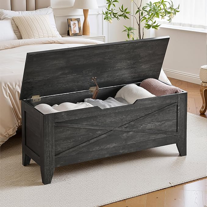 VECELO 43.3" Storage Bench, Shoe Bench with Handwoven Wicker Cushion, Ottoman Storage Trunk with Safety Hinges, Ideal for Entryway, Bedroom, Living Room, Gray