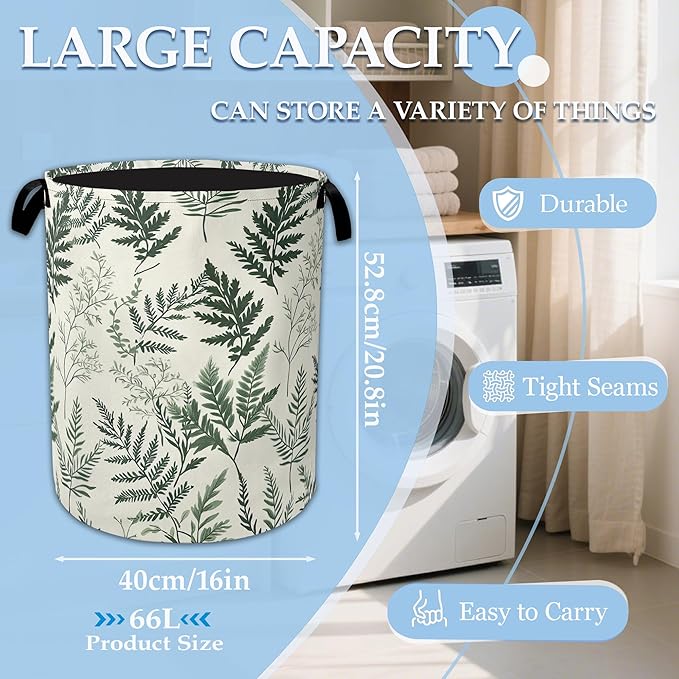 Green Leaves Laundry Basket Collapsible Oxford Organizer Basket for Storage Bin Toy Bins Gift Baskets Bedroom Clothes Children Nursery Hamper 16" X 20.8"