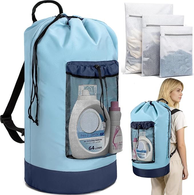 Laundry Bag Backpack with 3 Sizes Mesh Wash Bags and Shoulder Straps Foldable Clothes Hamper Bag with Drawstring Closure for College, Apartment, Laundromat (Light Blue)