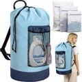 Laundry Bag Backpack with 3 Sizes Mesh Wash Bags and Shoulder Straps Foldable Clothes Hamper Bag with Drawstring Closure for College, Apartment, Laundromat (Light Blue)