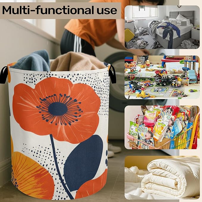 Modern Minimalist Red Flowers Foldable Canvas Laundry Basket with Handles - Storage Organizer, Heavy Duty for Home，Bedroom, Dorm, Bathroom