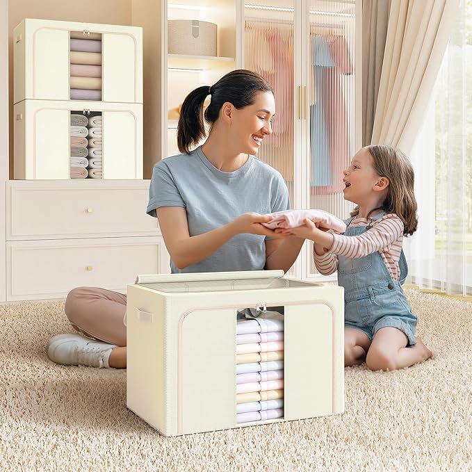 Clothes Storage Bins with Metal Frame Foldable Storage Box Clothes Organizers Storage Containers for Clothes Sheets Blankets Books Toys Gifts and Holiday Decorations (66Lx3 Pack) Beige