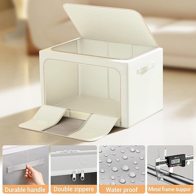 Clothes Storage Bins with Metal Frame Foldable Storage Box Clothes Organizers Storage Containers for Clothes Sheets Blankets Books Toys Gifts and Holiday Decorations (66Lx3 Pack) Beige