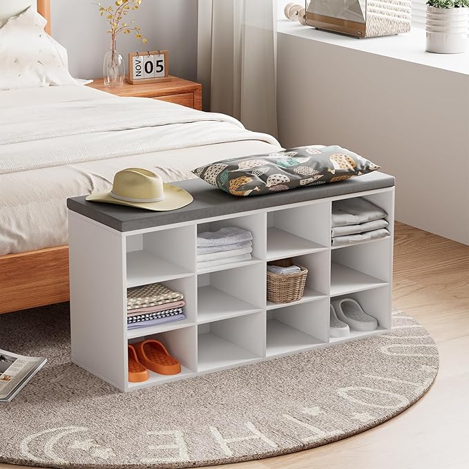 12-Cubby Shoe Rack with Cushion, 3-Tier Wood Shoe Organizer, Multifunctional Shoe Organizer Bench for Entryway, Mudroom, Hallway, Closet,36.22 * 11.81 * 17.7 Inch, White