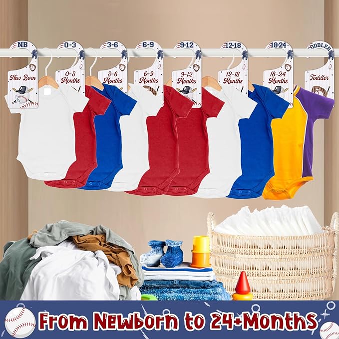 Baby Closet Dividers 8PCS, Baseball Theme Wooden Double-Sided Clothes Size Hanger Organizer from Newborn to Toddler for Nursery Decor Baby Shower Birthday Gift (Includes Gift Box)