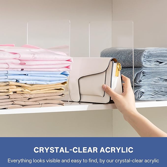 HBlife Acrylic Shelf Dividers for Closet Organization, 8 Pack Clear Sturdy Separate Closet Dividers for Shelves, Adjustable Purse Organizer for Sweater, Shirts, Handbags, Books in Bedroom and Kitchen