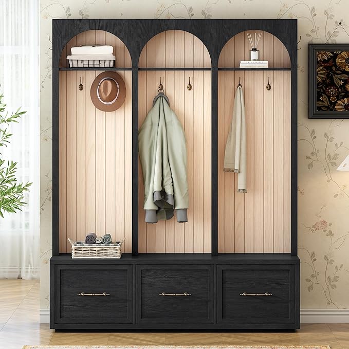 Farmhouse Hall Tree with Three Arched Design, All-in-One Design Wooden Coat Rack & Shoe Organizer with 3 Drawers, 59" Wide Entryway Bench with 8 Retro Hooks for Mudroom, Living Room (Black//538)