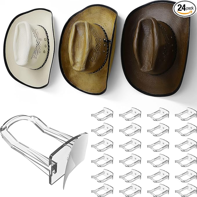 Modern JP Adhesive Cowboy Hat Hooks for Wall (24-Pack) – 3-Inch Wall Mount for Secure Hold, Wide Brim Hat Organizer, Western Room Decor – Clear