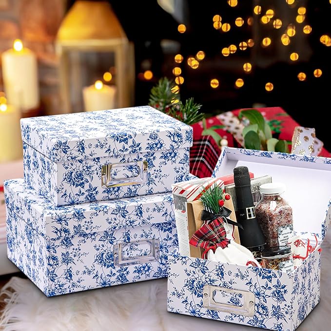 Briful Blue and white Porcelain Storage Boxes, Photos Storage Boxes with Lids 4 in 1 Set Water-proof Gift Boxes Sets Decorative Multiple Size Storage Bins for Clothes/Office/Christmas Decorations