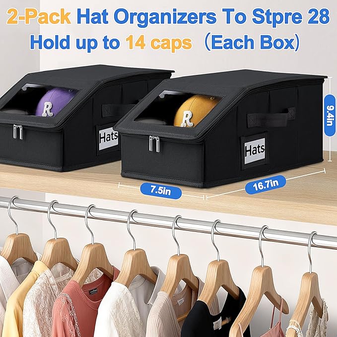 Dofilachy 4 Pack Stackable Hat Storage for Baseball Caps, Holds 56 Caps - Closet Organizer Box with Clear Window & Cardboard，Sturdy Snapback Hat Boxes for Home Storage (dark, 4)