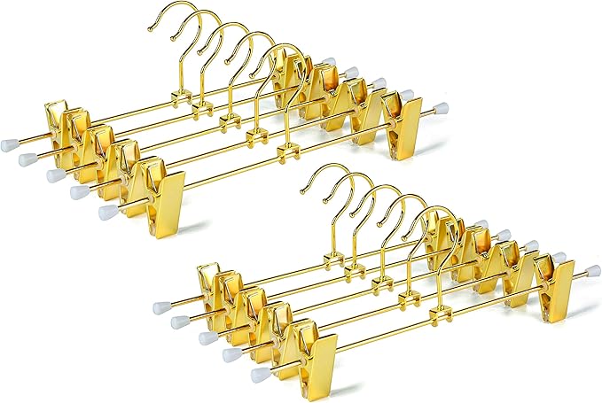 Amber Home 20 Pack Shiny Gold 12 Inch Metal Pants Skirts Hanger, Sturdy for Slacks Trousers with 2 Adjustable Non Slip Clips and Swivel Hook (20 Pack)
