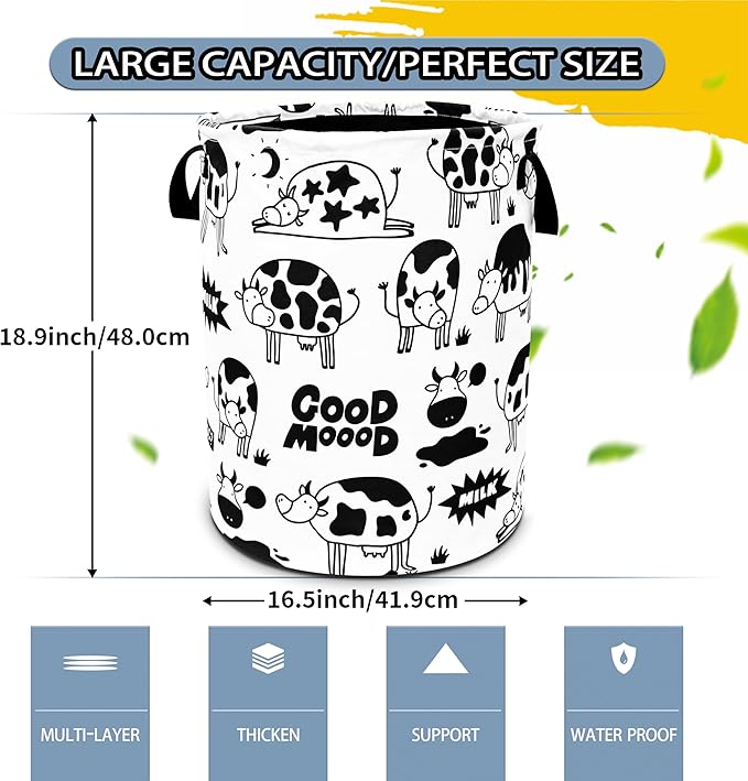 Cute Cow Laundry Basket Black White Cows Foldable Oxford Cloth Funny Tote Bag Laundry Hamper Clothes Storage Bucket Toy Organizer For Bathroom/Laundry Storage/Bedroom 18.9x16.5 Inch
