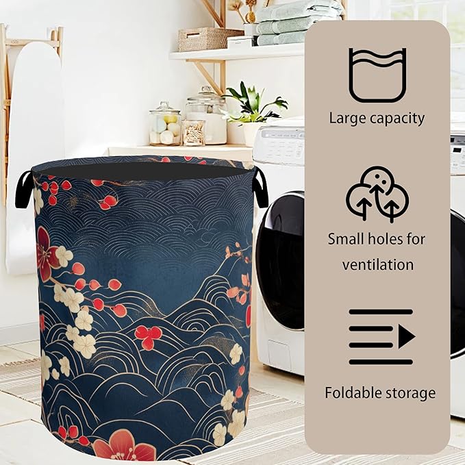 Japanese Cherry Blossom Laundry Basket, Blue Large Clothes Hamper Bag with Handles, Space Saving Foldable Design for Nursery
