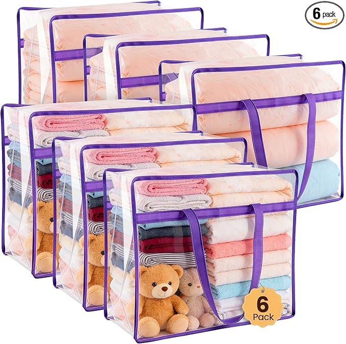 6 Pack Clear Clothes Storage Bags, Double Zipper Design 40L Underbed Moving Bags for Blankets and Clothes, Large Capacity Closet Organizers and Storage for Dormitory, Bedroom, Closet-Purple