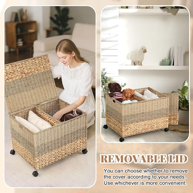 23×17.5×16 in Wicker Storage Trunk with Wheels and Lid, Heavy Duty Rolling Wicker Basket for Blankets Large Toy Chest Water Hyacinth Woven Blanket Bin for Bedroom, Laundry Room