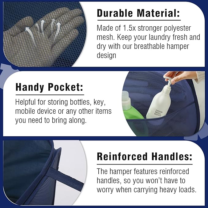 TECHMILLY Collapsible Mesh Pop Up Laundry Hamper with Strong Handles, Large Opening Clothes Hamper with Side Pockets, Storage Baskets for Dorm, Laundry Room, Bathroom or Travel (Blue, 90L)