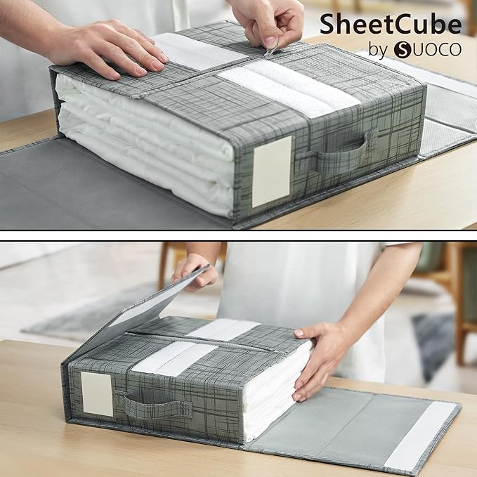 SUOCO SheetCube Bed Sheet Organizers and Storage 8 Pack, Foldable Linen Closet Organizer with Window and Label, Bedding Storage Box Container for, Duvet Cover Set, Bed Sheet Set - Pattern Grey