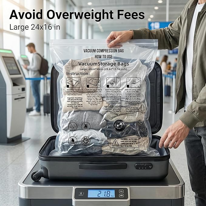 Vacuum Seal Bags for Clothing: 9 Pack Large Travel Vacuum Bags for Luggage with Rechargeable Electric Pump - Space Saver for Carry-On Packing