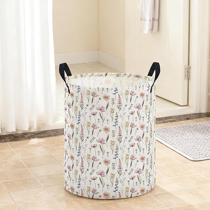 ESSME Kids Laundry Basket,Flower Hamper Collapsible Canvas Waterproof Storage Bin for Girls, Cute Hamper,Gift Baskets.(Flower)
