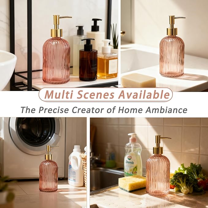 Glass Soap Dispenser with Gold Plastic Pump, 13.5oz Glass Striped Hand Soap Dispenser, 2 Refillable Hand Liquid Dispenser Set for Modern Home Decor, Bathroom, Kitchen Countertop, Hotel (Orange)