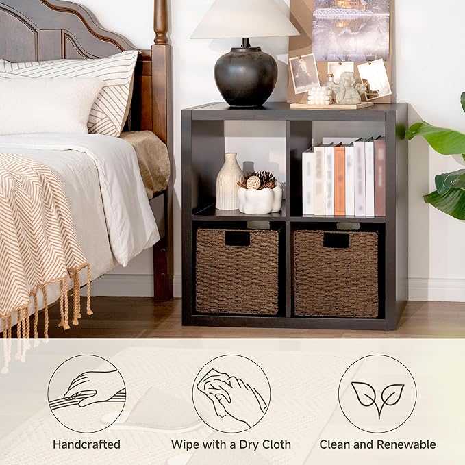 StorageWorks 11 inch Wicker Storage Cubes, Handwoven Cube Storage Bin, Square Cubes Basket, Foldable Paper Rope Basket for Organizing, Brown, 2 Pack