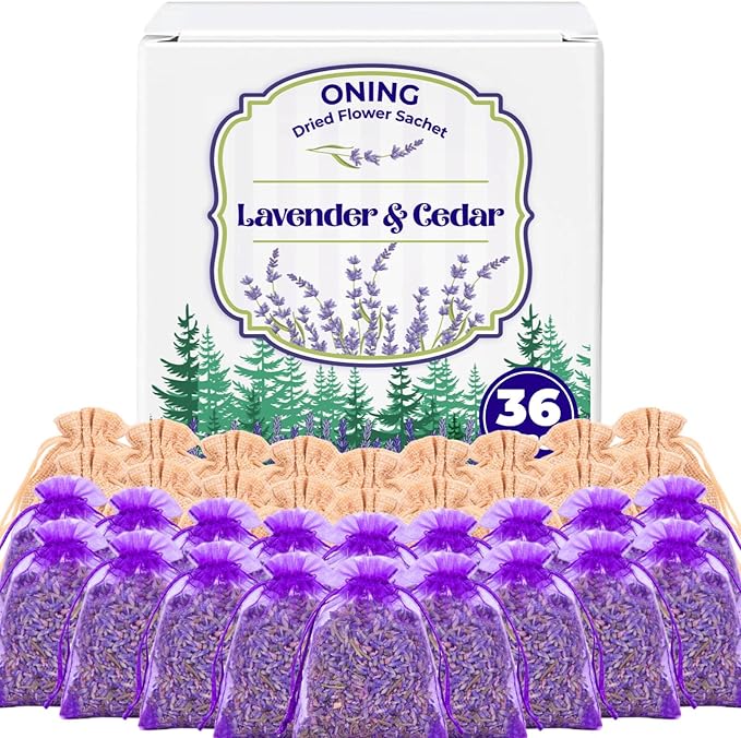 36 Pack Lavender Sachet Bags & Cedar Chips Set - Premium Cedar and Lavendar Home Fragrance Sachets, No Added Flavor & Coloring, Lavender Sachets for Drawers, Closets, Storage