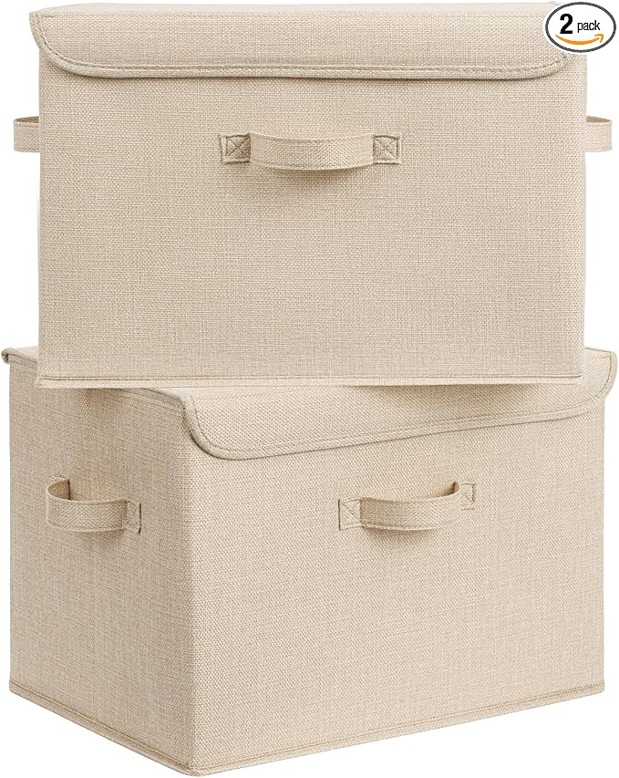 GRANNY SAYS Closet Storage Bins, Decorative Storage Boxes with Lids, Clothes Organizing Bins, Lidded Baskets for Toys, Clothing, Extra Large, Khaki, 2-Pack