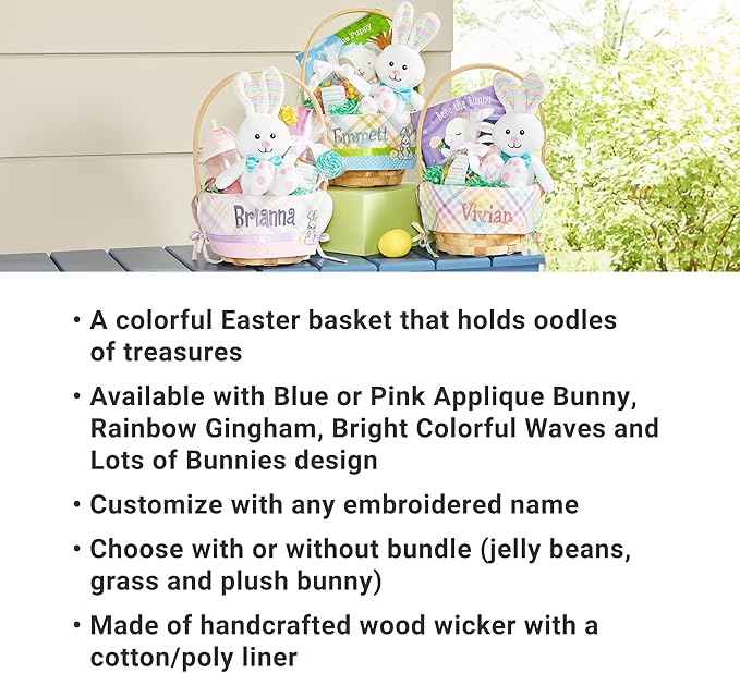 Let's Make Memories Personalized Easter Basket for Kids - For Boys - For Girls - Embroidered Name - Create Your Own - Fillable - Wicker - Easter Basket Stuffers - Medium - Blue Bunny Applique