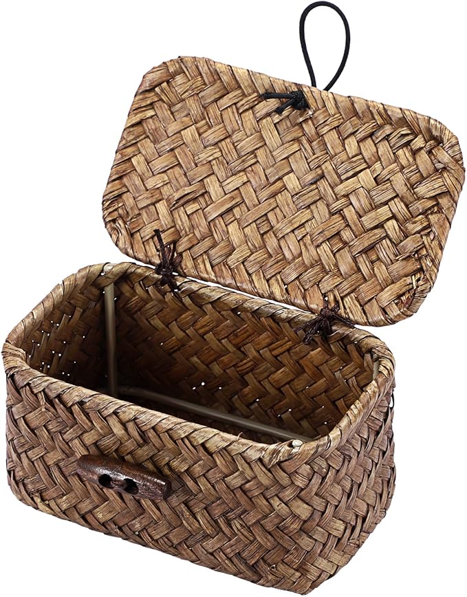 Seagrass Basket Bin with Lid Mini Size Handwoven Wicker Storage Container Storage Basket Decorative Desktop Organizer for Shelf Bathroom Home Decor, 4.3"x2.5"x2.1"