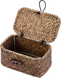 Seagrass Basket Bin with Lid Mini Size Handwoven Wicker Storage Container Storage Basket Decorative Desktop Organizer for Shelf Bathroom Home Decor, 4.3"x2.5"x2.1"