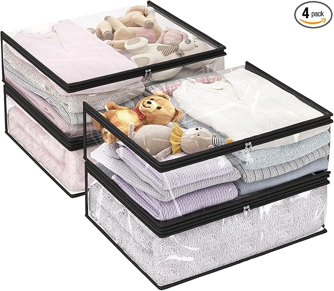 Fixwal 4pcs Clear Storage Bags for Clothes with Zipper, 35L/9.5Gal Small Plastic Closet Organizers for Blankets Sweaters Bed Sheets Comforters Toys