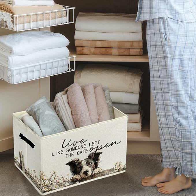 Border Collie Gifts Storage Bins with Handles, Rustic Farmhouse Dog Foldable Basket for Organizing, Live Like Someone Left the Gate Open Collapsible Storage Basket for Bedroom Bathroom 630-snh