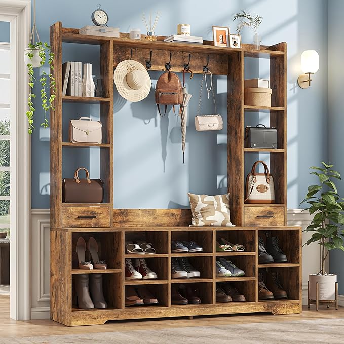 61.6" H White Hall Tree with Bench and Shoe Storage, 6-in-1 Multi-Functional Entryway Bench with 2 Drawers, 5 Coat Racks, Shoe Rack with 13 Shoe Cubbies, Entryway Storage Organizer, Brown