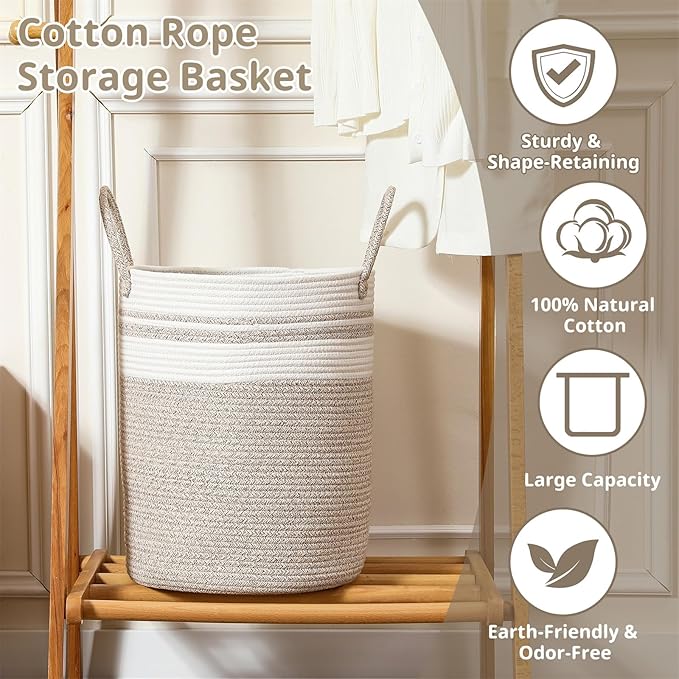80L Large Woven Laundry Basket Hamper, 100% Natural Cotton Rope, Handwoven & Durable, Storage for Blankets, Toys, Clothes, Nursery Hamper for Living Room, Baby Room, Bedroom (Brown with White)
