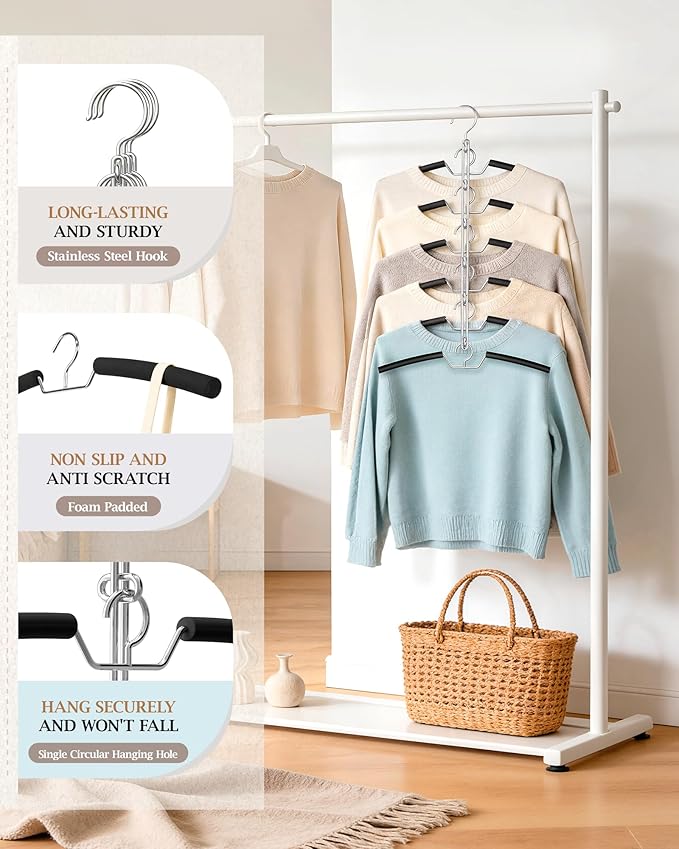 Clothes Hangers Space Saving Shirt Hangers, Non Slip 6 Layer Detachable Foam Padded Multi Hangers Shirt Organizer for Closet Organizers and Storage for Sweater Hoodie Blouse Coat Black 2 Pack