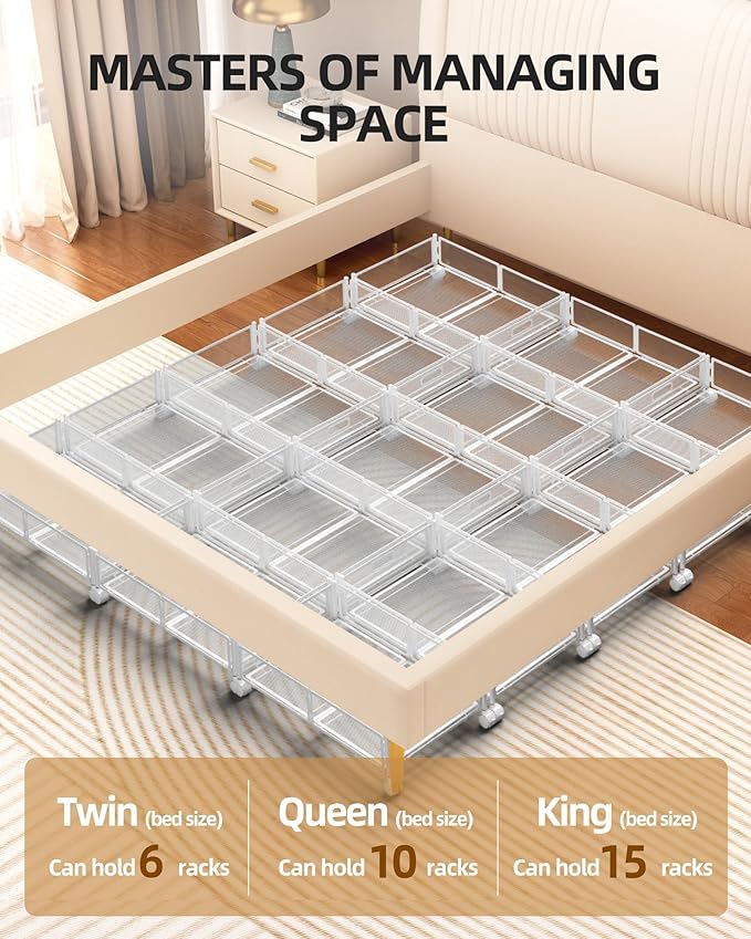 Under Bed Organizer, Storage Bins Under Bed, 60L Underbed Storage Bins for Bedroom Clothes Shoes Blankets (White, 4 Pack)