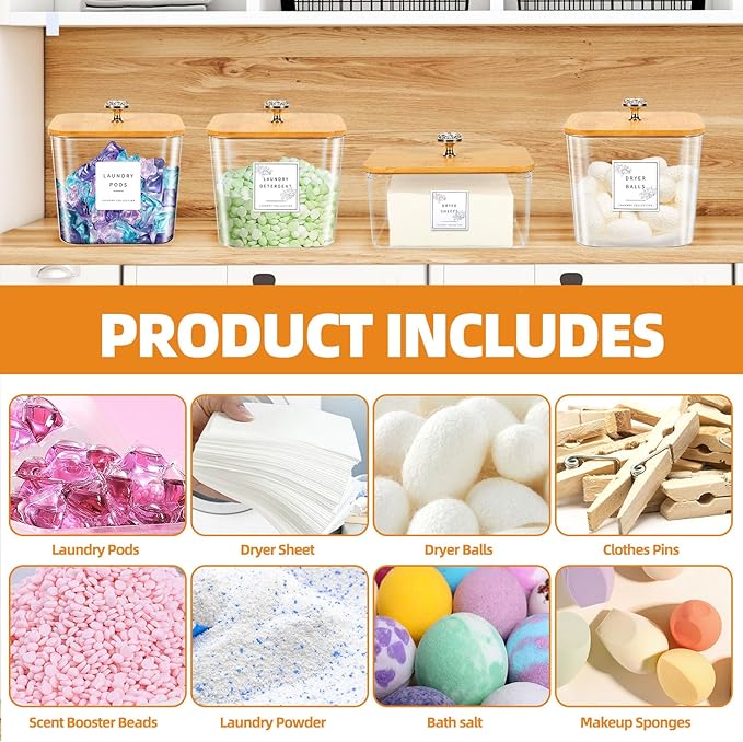 4 Pack Laundry Room Organization Storage Containers Acrylic Jars and Dryer Sheet Container with Lids and Labels for Laundry Detergent Laundry Pods Containers Dry Sheet Organizing