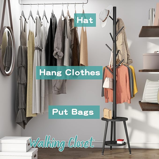 Coat Rack, Bamboo Wood Coat Freestanding with Umbrella Holder, Adjustable Height Coat Stand with 8 Hooks, kids coat rack, Used In The Bedroom Living Room, Office To Hang Clothes, Hats, Bags (Black)