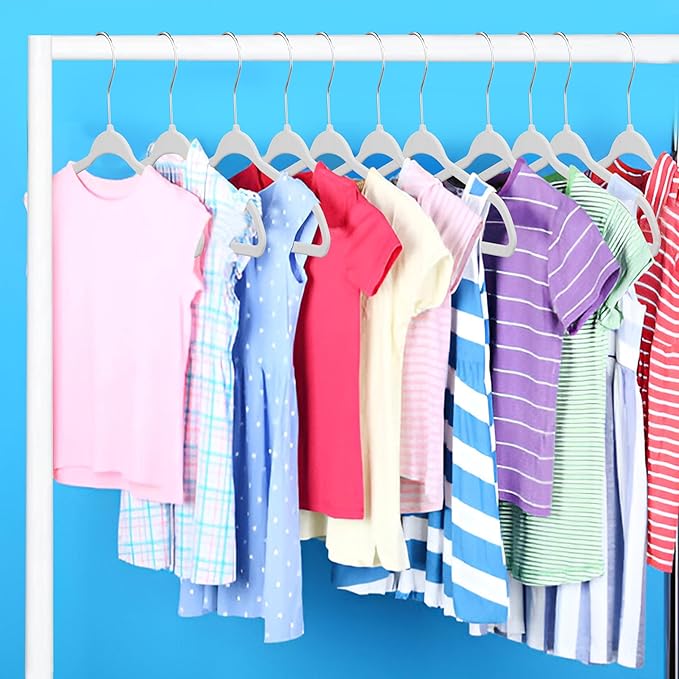 White Velvet Kids Hangers 50 Pack, 10.83" Non-Slip Baby & Toddler Hangers for Clothes, Space-Saving Slim ABS Plastic with 360° Swivel Hook & Notched Shoulders, Up to 10 lb Capacity