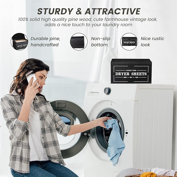 Cute Dryer Sheet Holder with Lid - Rustic Farmhouse Dispenser Laundry Room Decor Accessories, Container Fabric Softener for Organization/Storage, Black