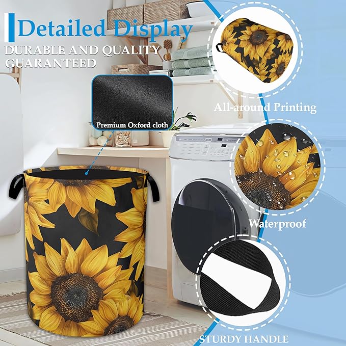 Sunflowers Laundry Basket Collapsible Laundry Hamper Oxford Storage Bin for Clothes Storage, Toy Organizer, Books and Sundries 16" X 20.8"