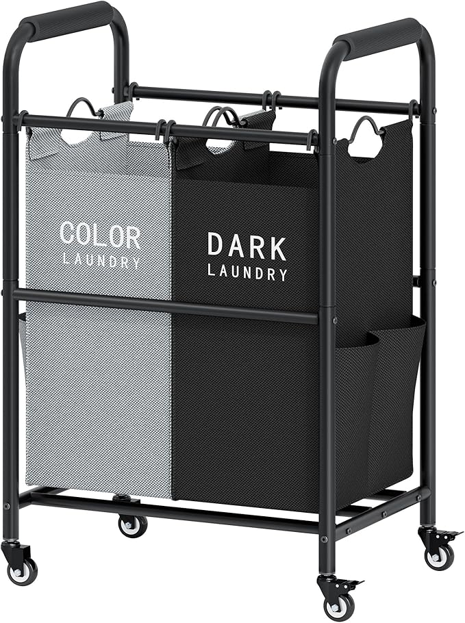 Tajsoon 2 Bag Laundry Sorter Cart, Laundry Hamper Sorter Basket with Heavy Duty Lockable Rolling Wheels for Clothes Storage, Black & Grey