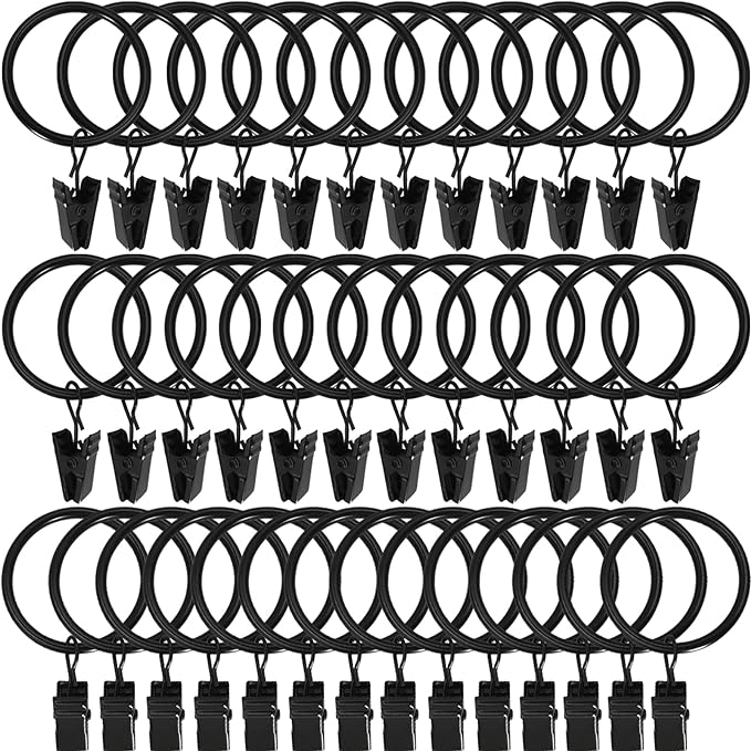 44 Pack Black Curtain Rings with Clips, Curtain Hooks Hangers Clip Rings for Hanging Drapes Bows Hat, Drapery Rings 1 in I D, Fits up to 5/8 in Diameter Curtain Rod.